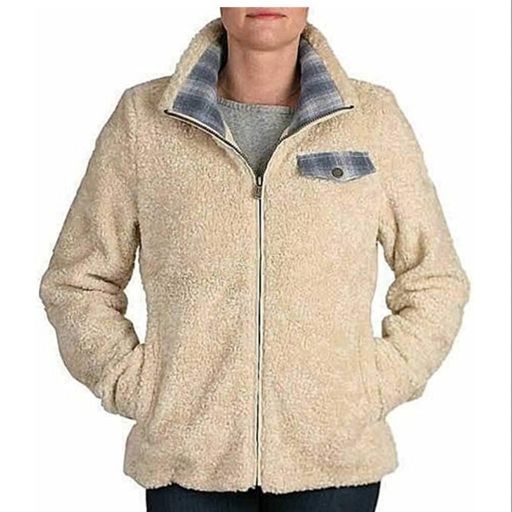Pendleton Fuzzy Sherpa Plush Zip Jacket Beige Heather/Blue Ombre Plaid Size L